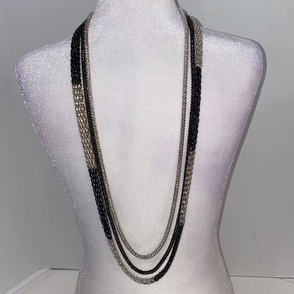 Black Silver Tone Bicolor Multi Strand Layered Necklace Multi Style Chain - Picture 5 of 10